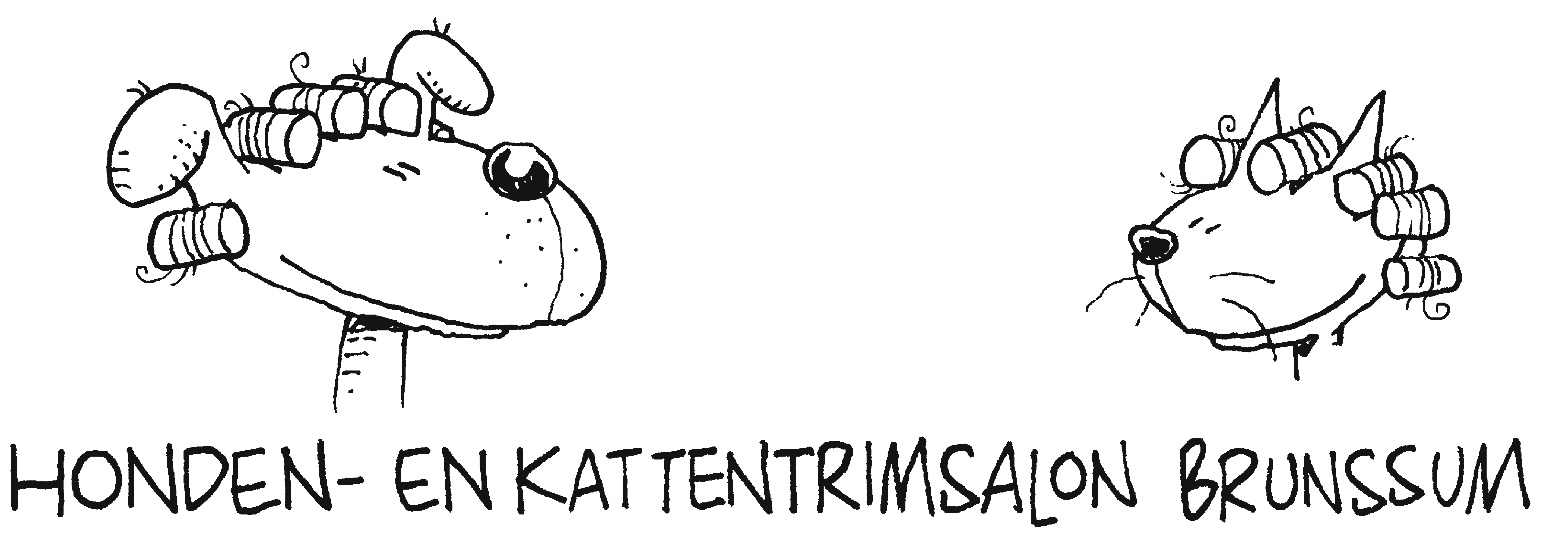 Logo van Honden- en kattentrimsalon Brunssum: een hond en een kat met krulspelden